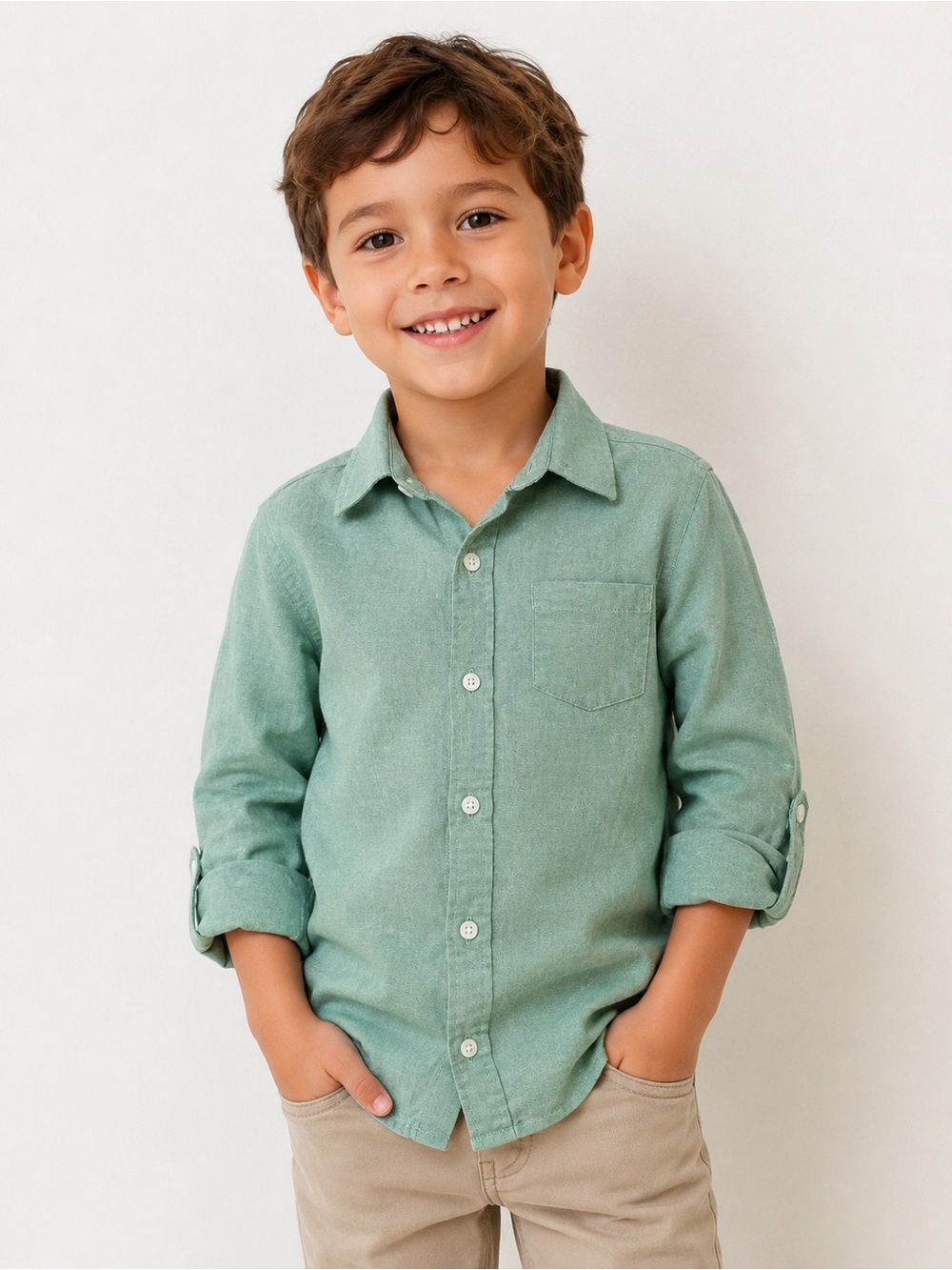 Janie and Jack Boys' linen cotton blend Light Sage Green‎ Button-Down Shirt 6T
